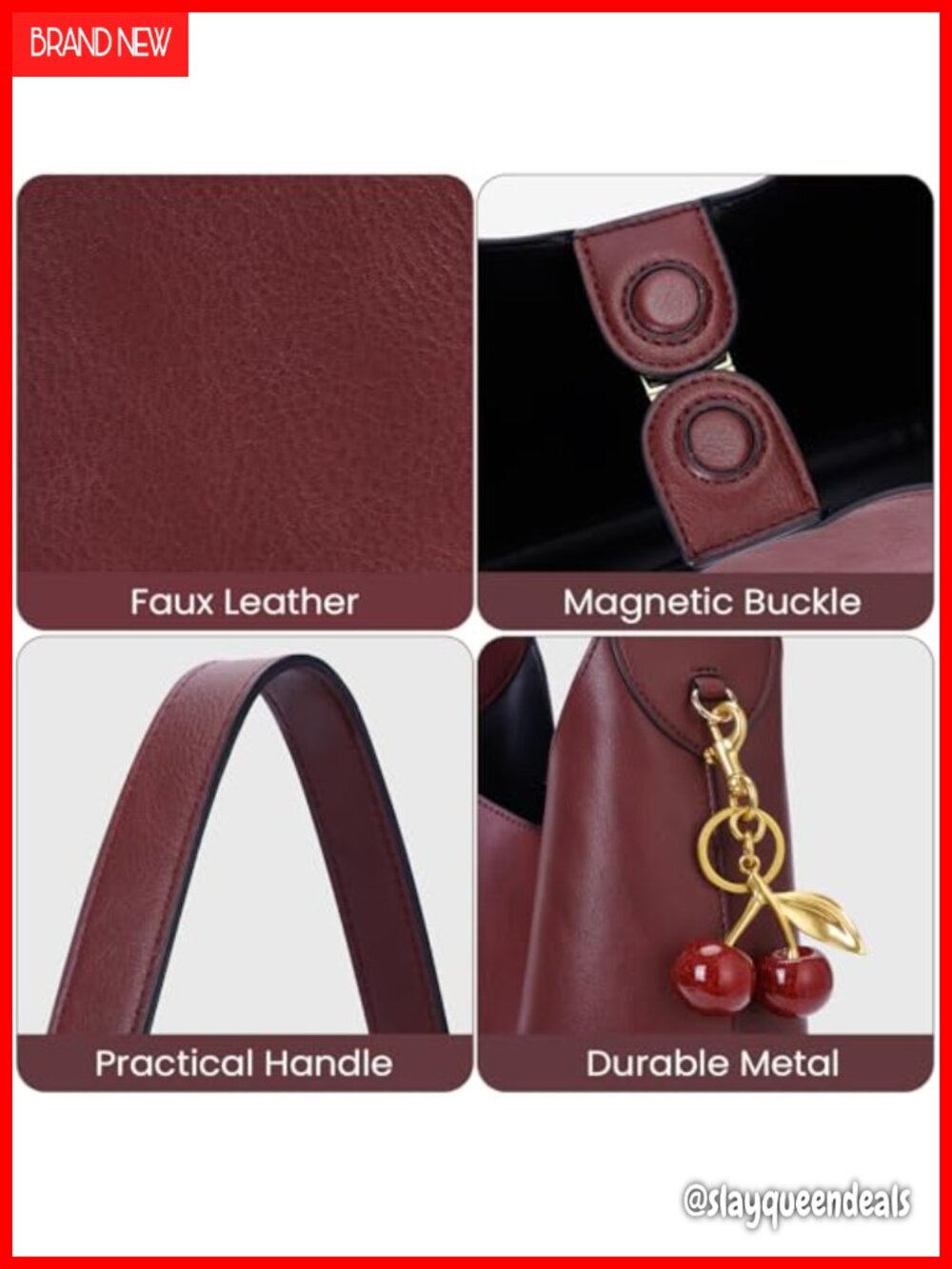 Faux Suede Vegan Leather Hobo Bag for Women Slouchy Shoulder Tote with Cherry - Picture 4 of 6